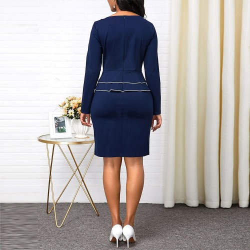 Formal Split Neck Long Sleeved Peplum Midi Dress - Blue |image