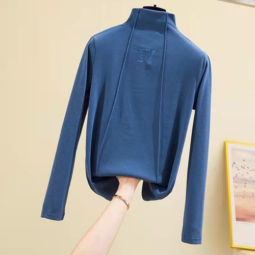 High Collar Ladies Full Sleeved Stretchable Velvet Tops - Blue |image