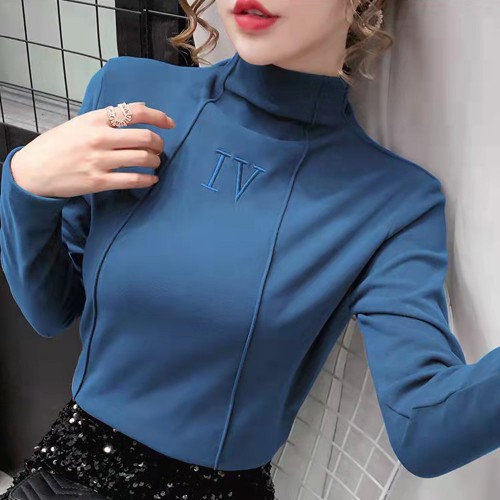 High Collar Ladies Full Sleeved Stretchable Velvet Tops - Blue |image