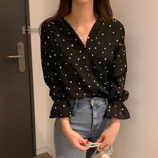 Retro Style Hearts Printed Full Sleeved Fashion Blouse - Black |image
