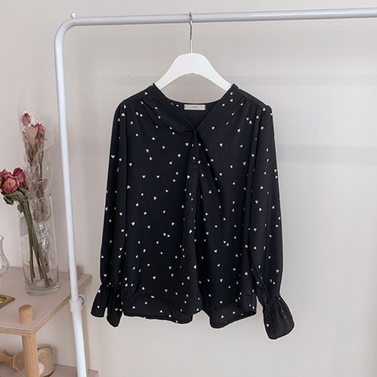 Retro Style Hearts Printed Full Sleeved Fashion Blouse - Black |image