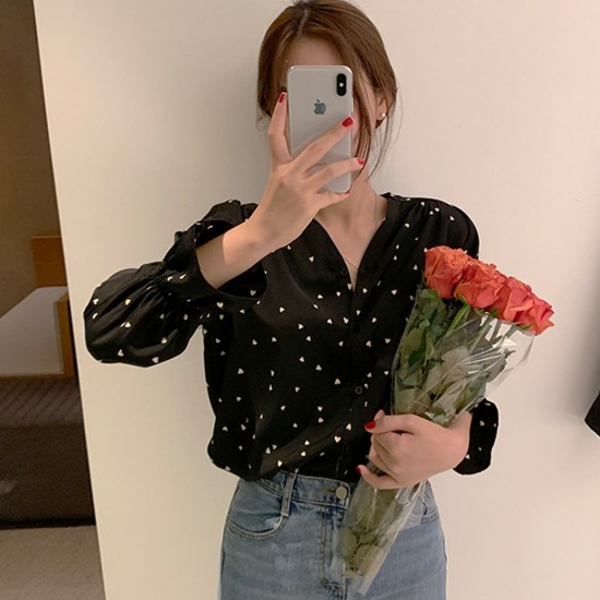 Retro Style Hearts Printed Full Sleeved Fashion Blouse - Black |image
