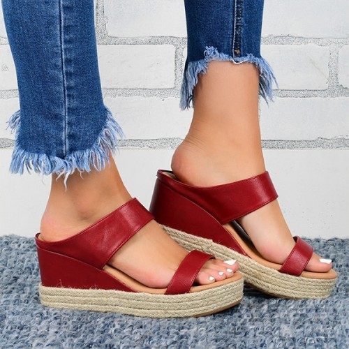 Peep Toe Backless Platform Wedge Slippers for Women – Red |image