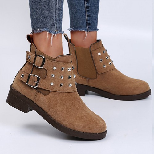 Rivets Studded Buckle Closure Suede Boots for Ladies - Brown |image