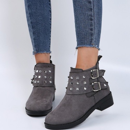 Rivets Studded Buckle Closure Suede Boots for Ladies - Grey |image