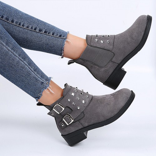 Rivets Studded Buckle Closure Suede Boots for Ladies - Grey |image