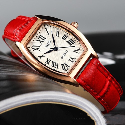 Women's Square Disc Leather Strap Casual Watch - Red |image