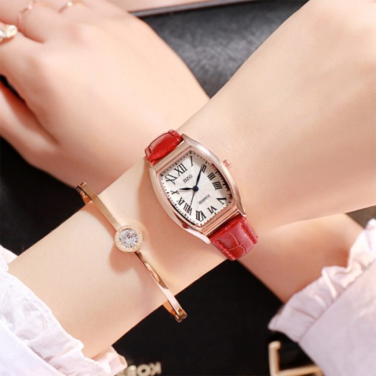 Women's Square Disc Leather Strap Casual Watch - Red |image