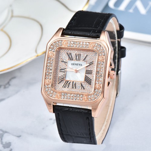 Decorated Square Face Leather Belt Women's Watch - Black |image