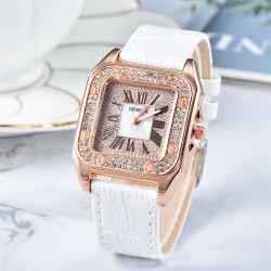 Rhinestone Square Face Leather Belt Women's Watch - White