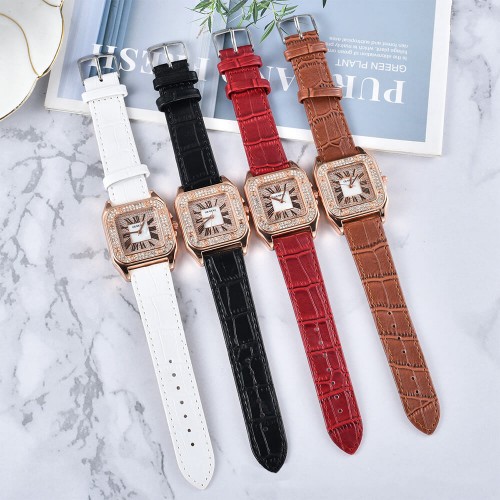Rhinestone Square Face Leather Belt Women's Watch - White |image