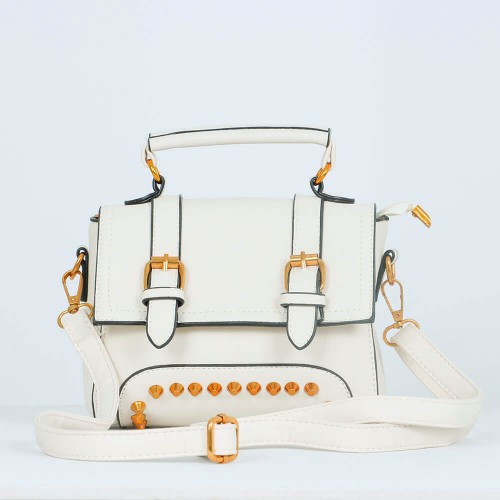 Magnetic Flap Closure Women's Leather Shoulder Bag - Cream |image