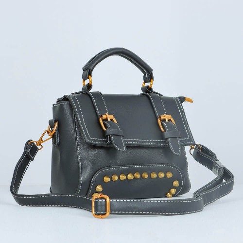 Magnetic Flap Closure Women's Leather Shoulder Bag - Black |image