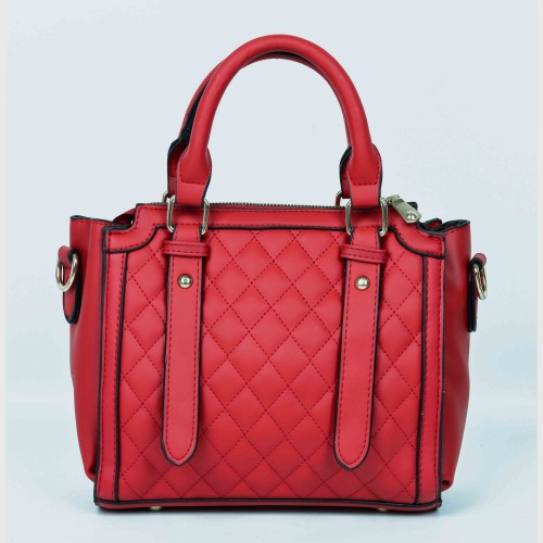 Diamond Stitched Leather Tote Handbag For Women - Red |image
