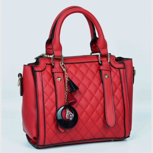 Diamond Stitched Leather Tote Handbag For Women - Red |image