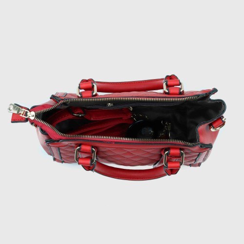 Diamond Stitched Leather Tote Handbag For Women - Red |image