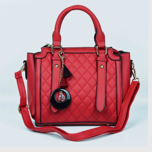 Diamond Stitched Leather Tote Handbag For Women - Red |image
