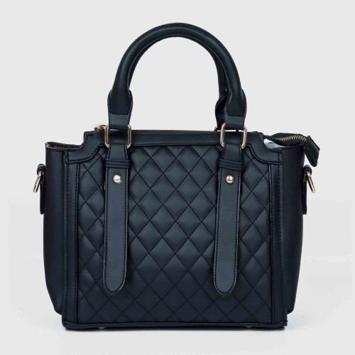 Diamond Stitched Leather Tote Handbag For Women - Black |image