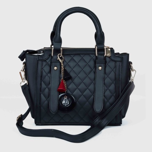 Diamond Stitched Leather Tote Handbag For Women - Black |image