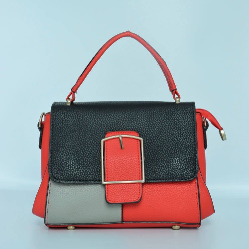 Multi Color Contrast Buckle Up Messenger Women Shoulder Bag - Red |image