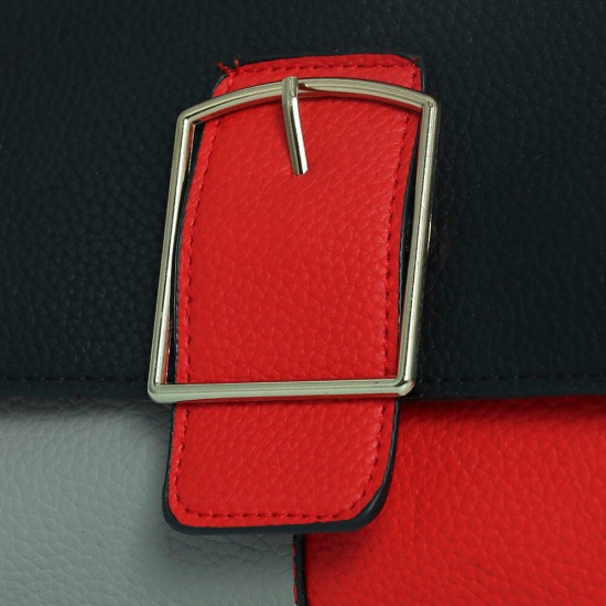 Multi Color Contrast Buckle Up Messenger Women Shoulder Bag - Red |image