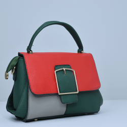 Multi Color Contrast Buckle Up Messenger Women Shoulder Bag - Green 