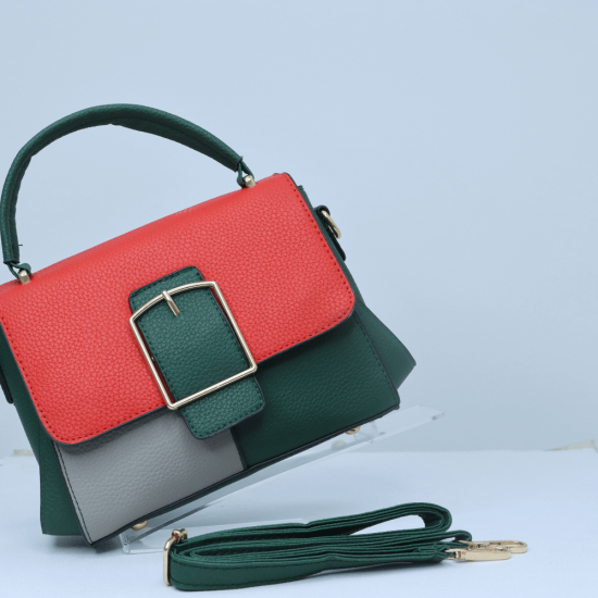 Multi Color Contrast Buckle Up Messenger Women Shoulder Bag - Green |image