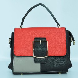 Multi Color Contrast Buckle Up Messenger Women Shoulder Bag - Black 