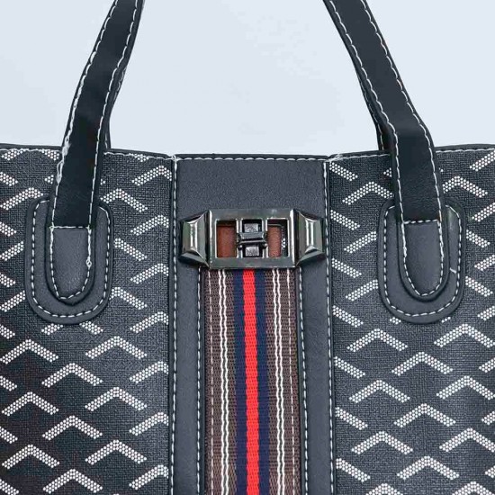 Vintage Large Space PU Leather Women's Printed Hand Bag Set - Black |image