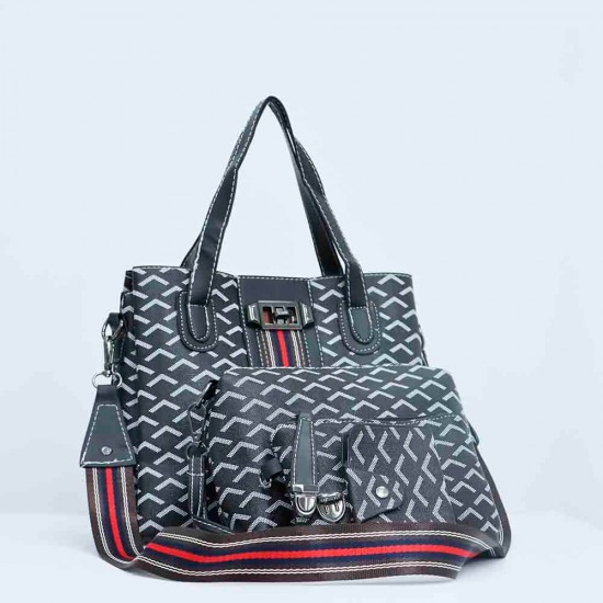 Vintage Large Space PU Leather Women's Printed Hand Bag Set - Black |image