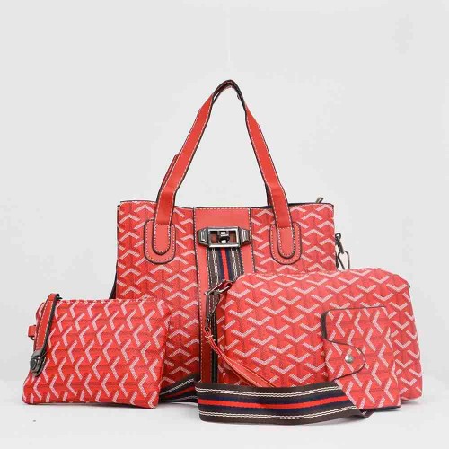 Vintage Large Space Printed PU Leather Women's Hand Bag Set- Red |image