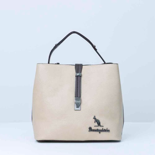 Magnetic Buckle Zipper Closure Women's Leather Hand Bag - Cream |image