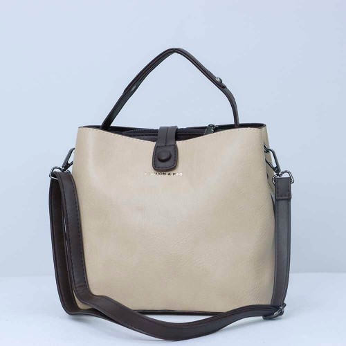 Magnetic Buckle Zipper Closure Women's Leather Hand Bag - Cream |image