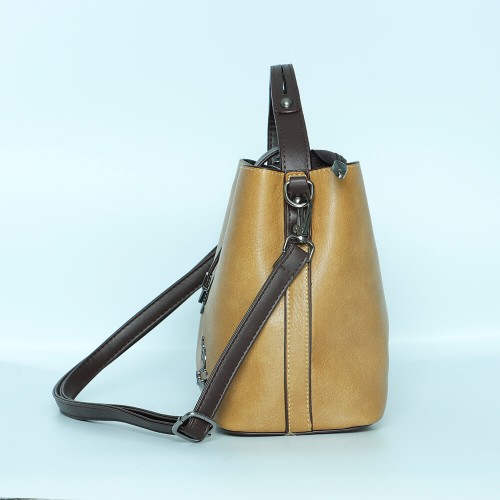 Magnetic Buckle Zipper Closure Women's Leather Hand Bag - Light Brown |image