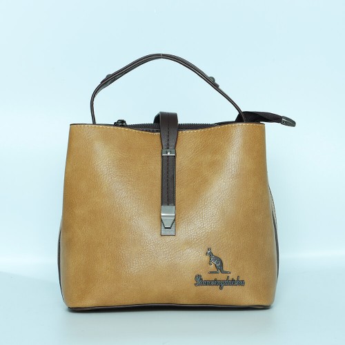 Magnetic Buckle Zipper Closure Women's Leather Hand Bag - Light Brown |image