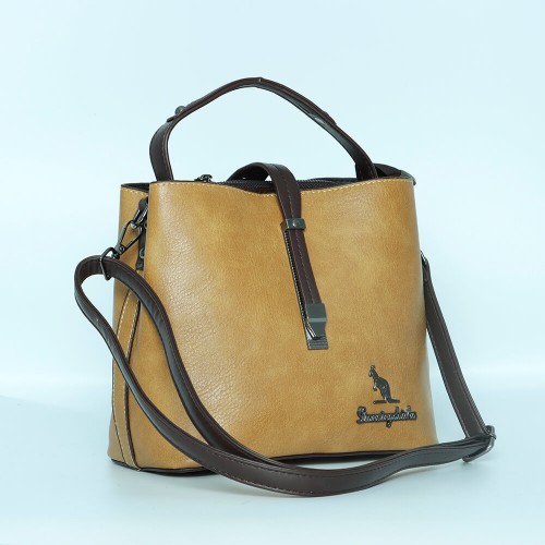 Magnetic Buckle Zipper Closure Women's Leather Hand Bag - Light Brown |image
