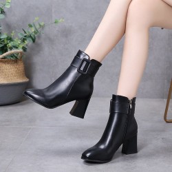 Women Casual High Heel Ankle Leather Boots - Black 