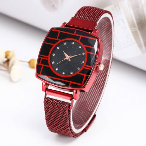 Women's Fashion Mesh Band Square Dial Watch - Red |image