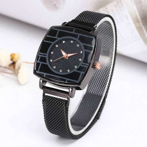Women's Fashion Mesh Band Square Dial Watch - Black |image