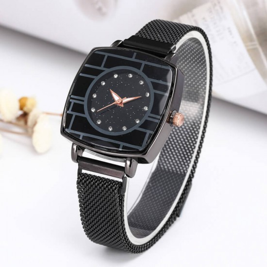 Women's Fashion Mesh Band Square Dial Watch - Black |image