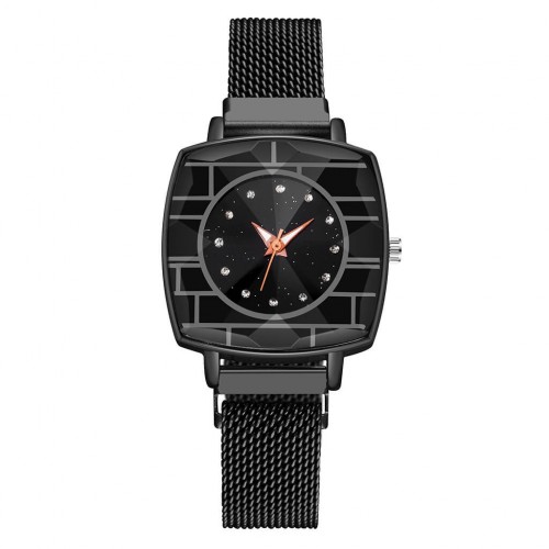 Women's Fashion Mesh Band Square Dial Watch - Black |image