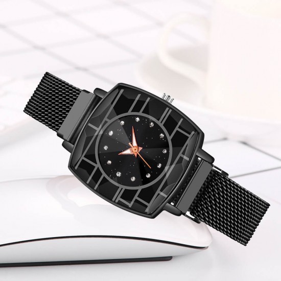 Women's Fashion Mesh Band Square Dial Watch - Black |image