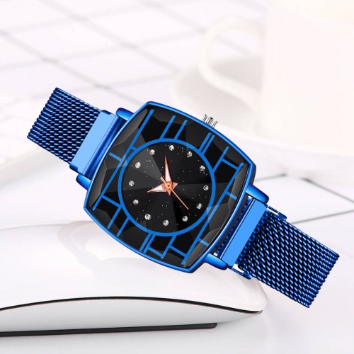 Women's Fashion Mesh Band Square Dial Watch - Blue |image