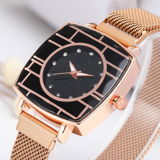 Women's Fashion Mesh Band Square Dial Watch - Gold |image