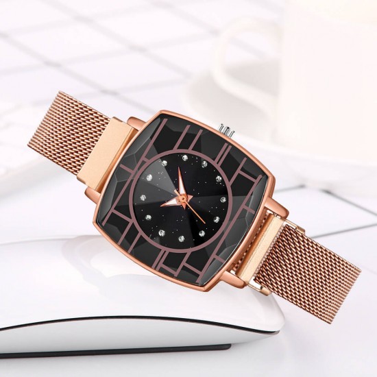Women's Fashion Mesh Band Square Dial Watch - Gold |image