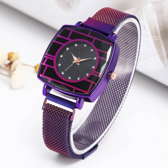 Women's Fashion Mesh Band Square Dial Watch - Purple |image