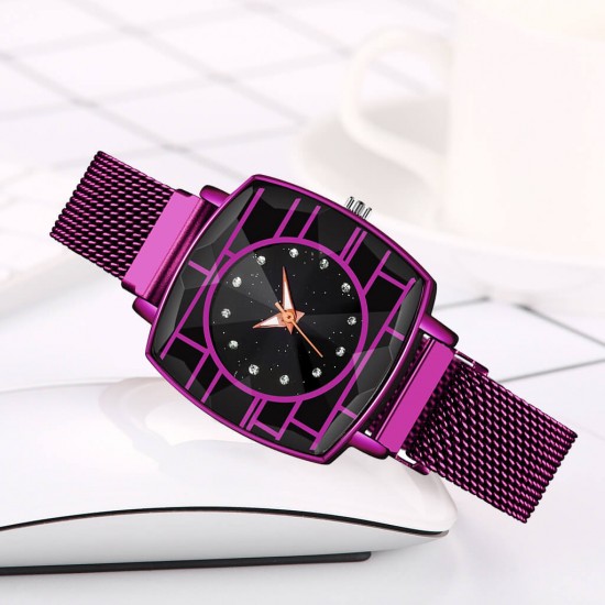 Women's Fashion Mesh Band Square Dial Watch - Purple |image
