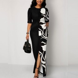 Cross Border Contrast Floral Printed High Waist Long Dress - Black 