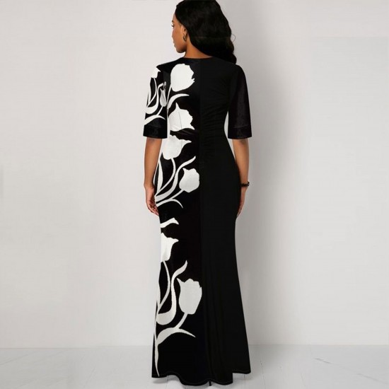 Cross Border Contrast Floral Printed High Waist Long Dress - Black Cross Border Contrast Floral Printed High Waist Long Dress - Black |image