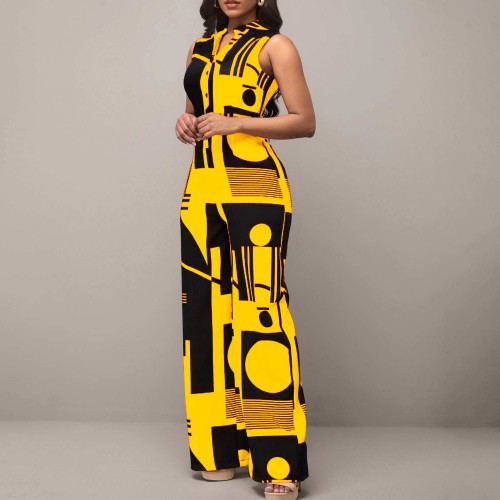 Casual Style Sleeveless Loose Rompers Jumpsuit - Yellow |image